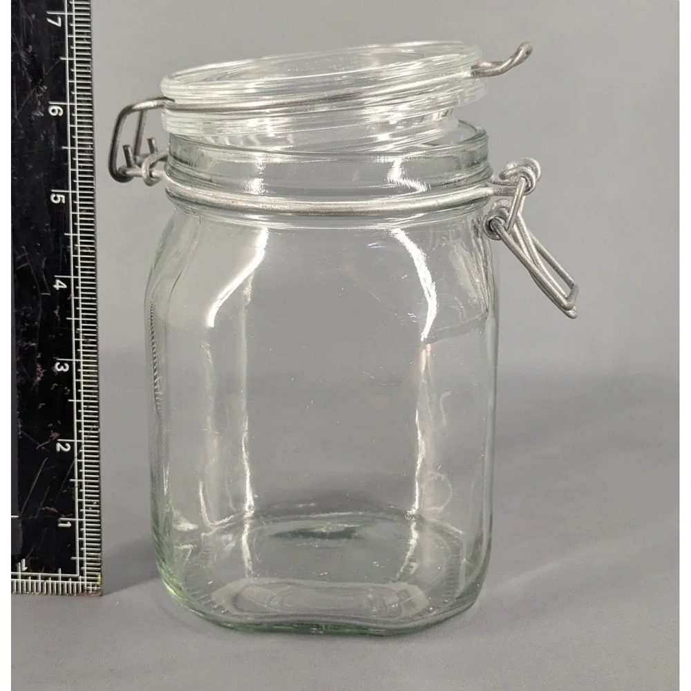 Fidenza Vetraria Italy Clear Glass Hermetic Jar Wire Bail Swing Top 6.5in